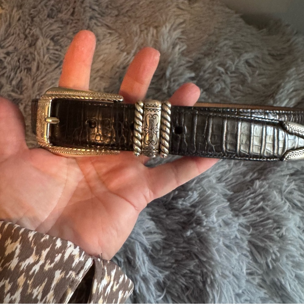Brighton 4B303 Croc-Embossed Black Leather Belt with Silver Accents
